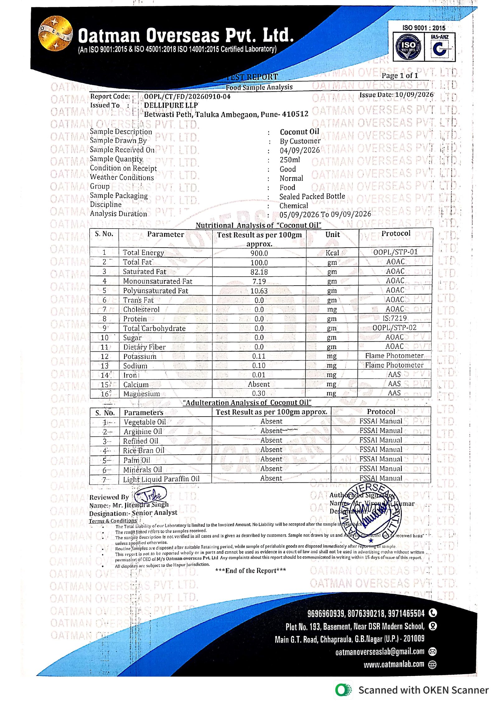 Coconut Oil Test Report